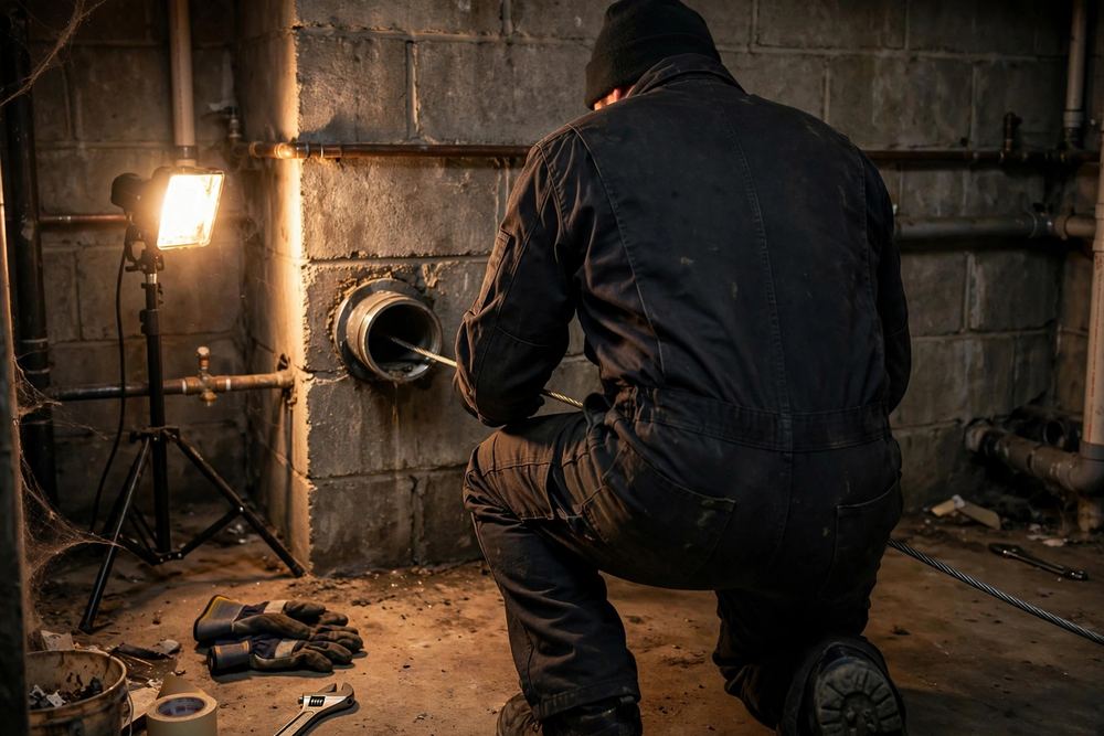 Person in dark work clothes kneeling at a basement wall beside a work light