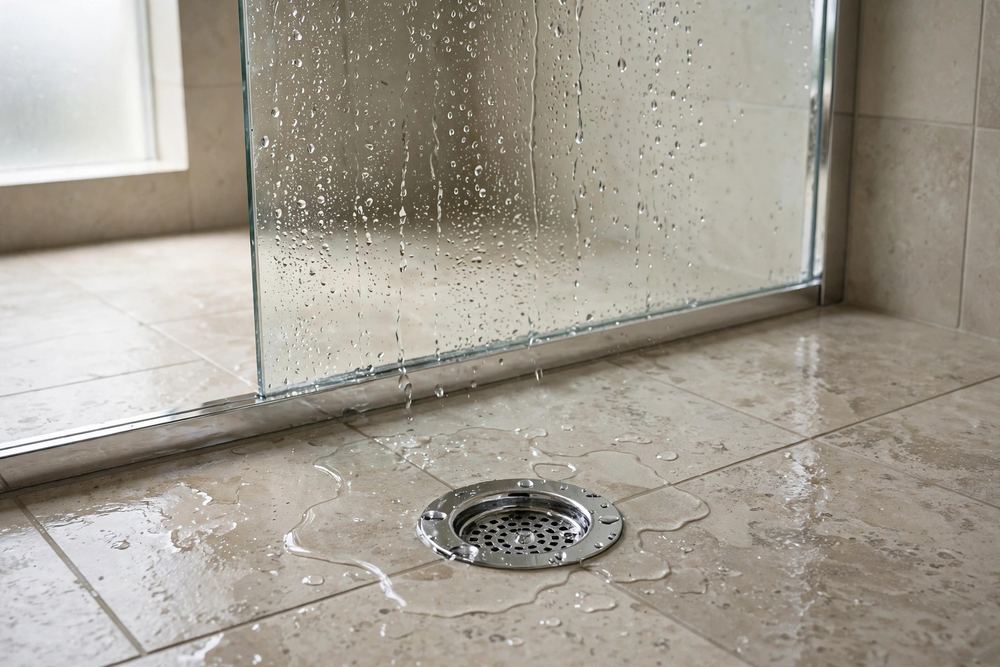 Wet shower floor with a chrome drain beside a glass panel