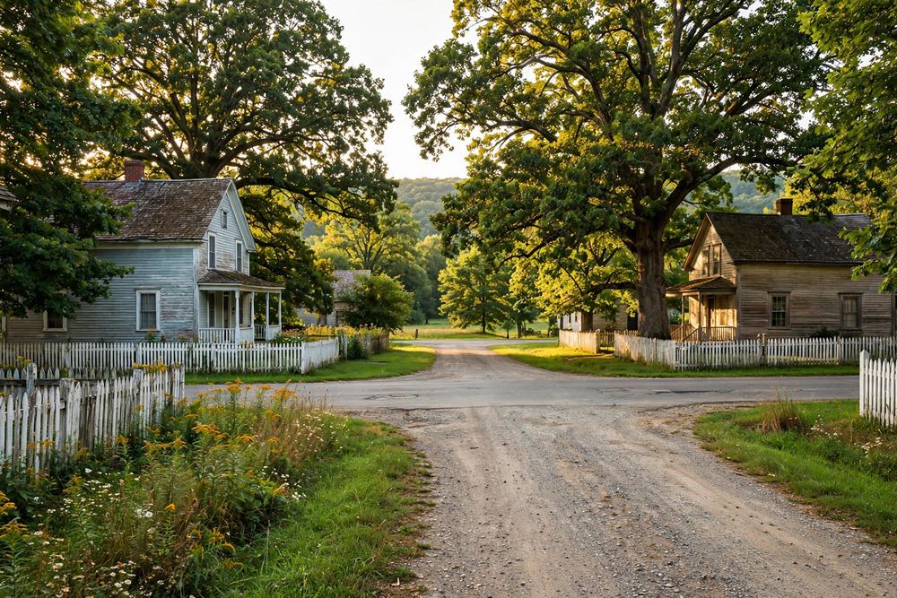 Dirt road between older village houses and large oak trees