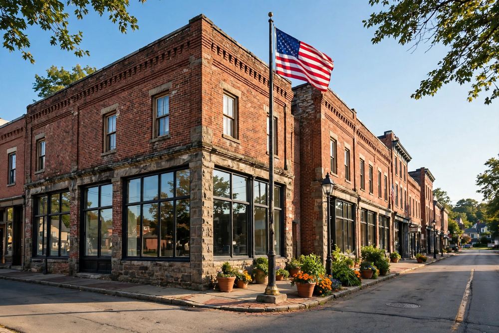 Brick commercial building with large windows and an American flag