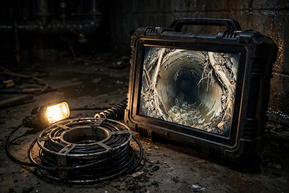 Inspection monitor showing a pipe interior beside a coiled camera cable