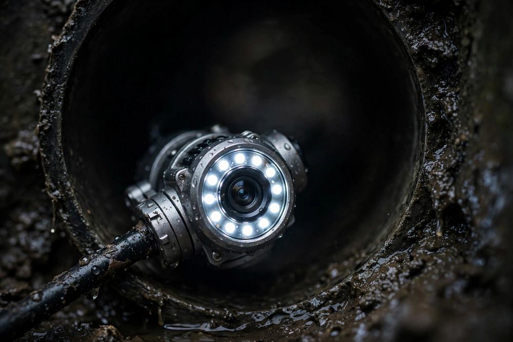 Drain inspection camera with ring lights inside a pipe