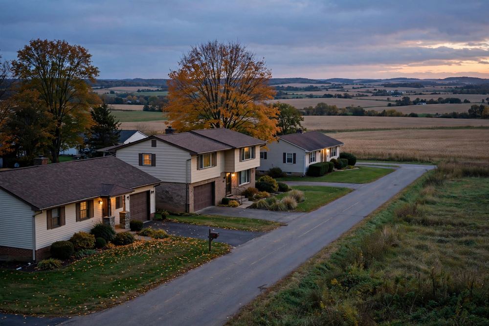 Suburban houses beside a road and farm fields at dusk