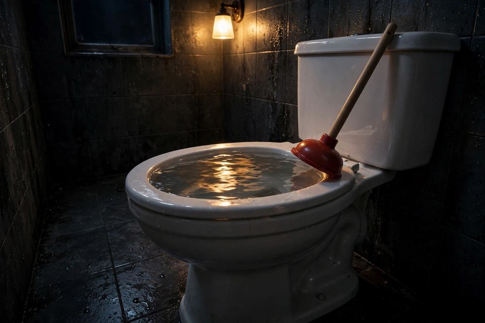 Toilet filled with water and a plunger in a dark bathroom
