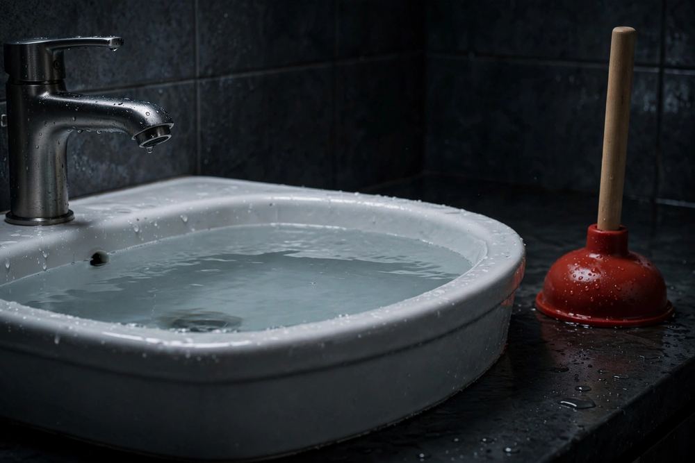 Bathroom sink full of water with a plunger beside it