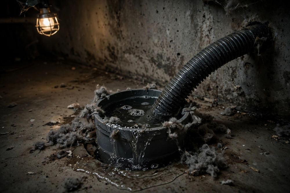 Floor drain with a black hose and lint buildup in a basement