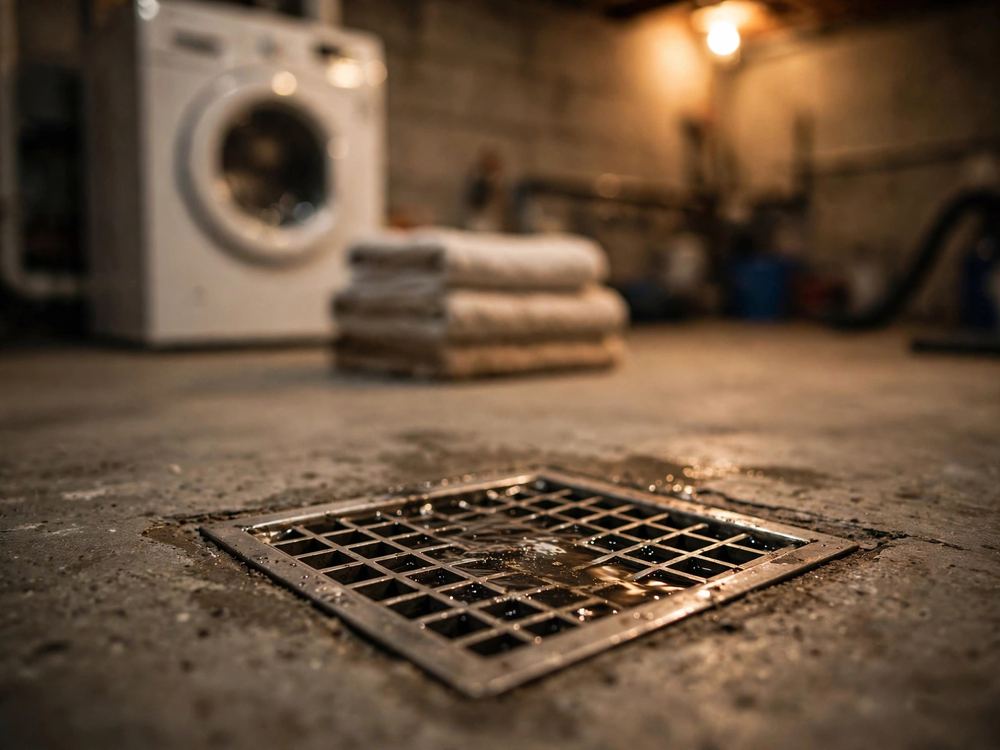 Basement floor drain grate in front of a washing machine and folded towels