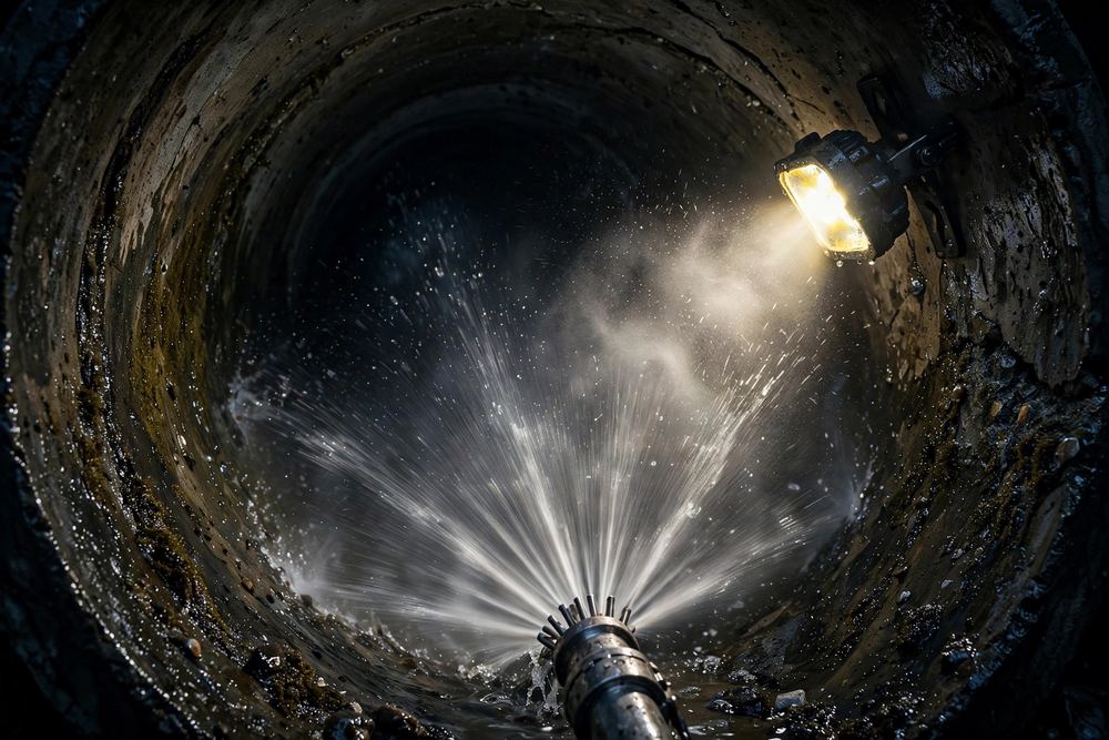 Water jet spraying inside a large pipe