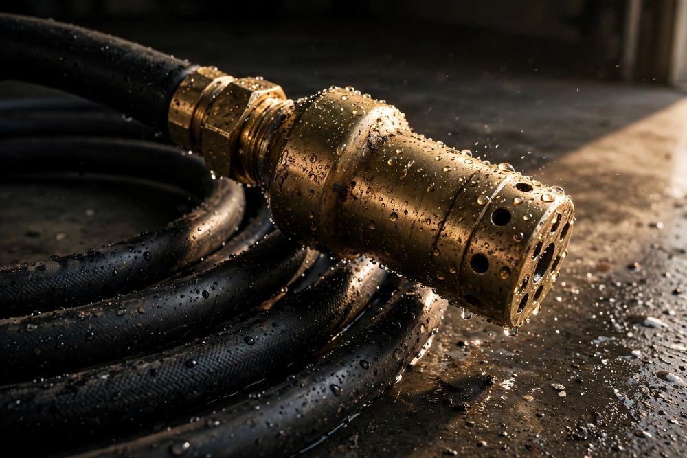 Coiled hose with a brass jetting nozzle on a concrete floor