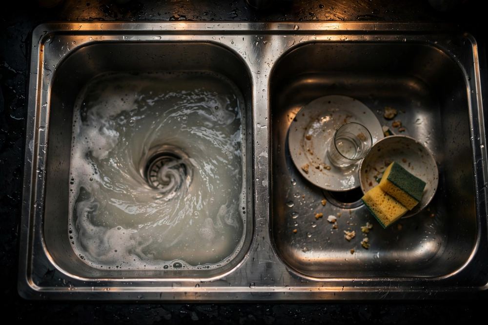 Double stainless steel kitchen sink with water swirling into the drain