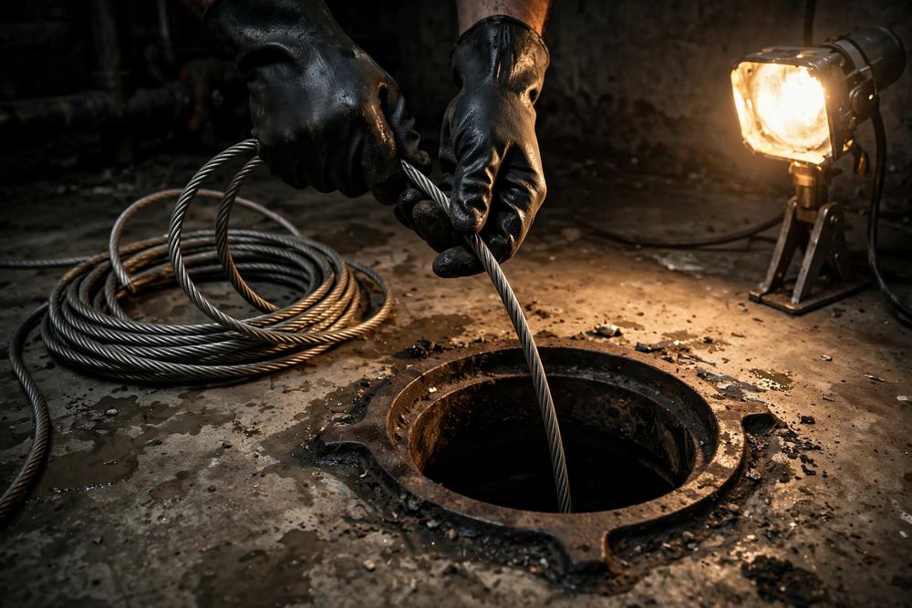 Gloved hands feeding a steel cable into a floor drain opening