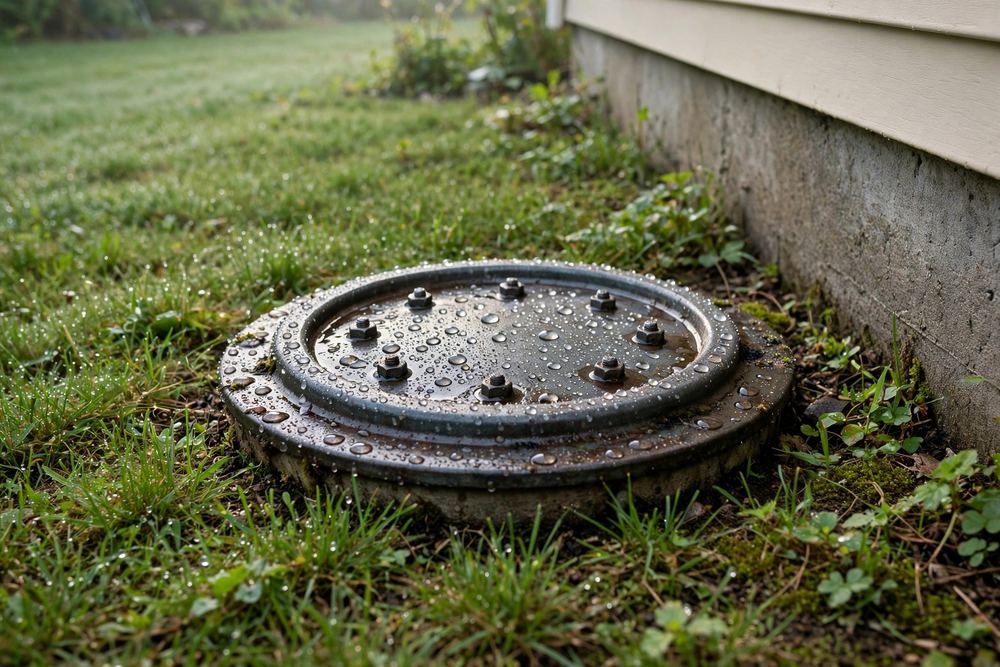 Round cleanout cover in the grass beside a house wall