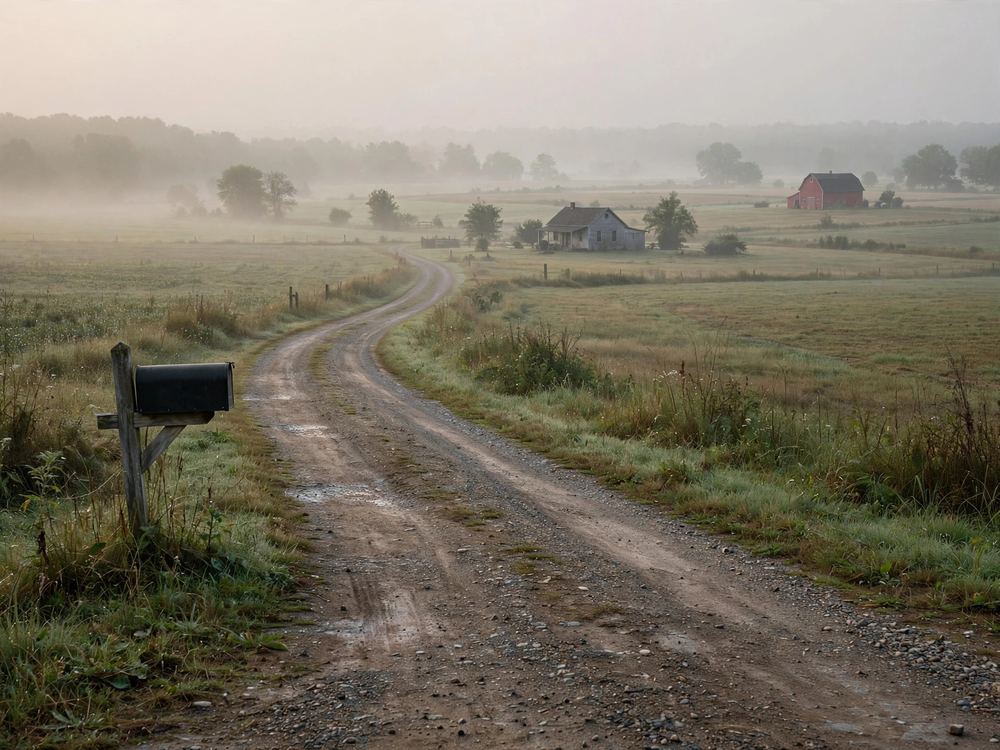 Gravel road with a mailbox crossing misty farmland