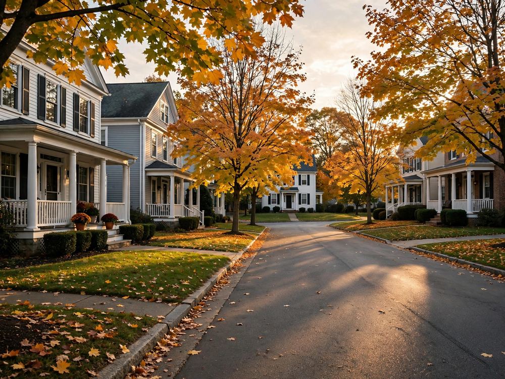 Autumn street lined with large houses with porches
