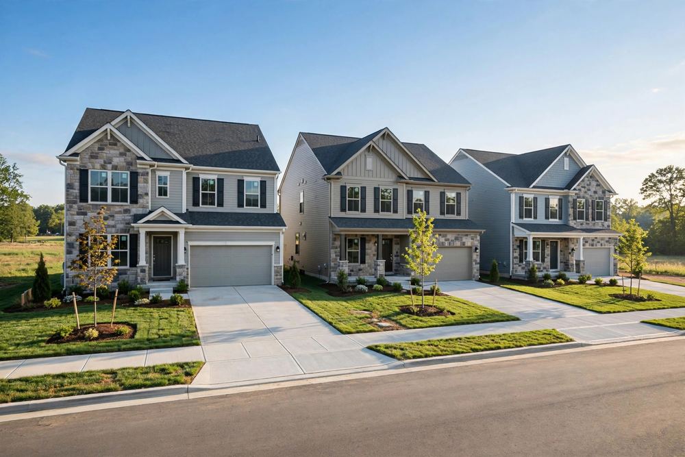 Row of new two-story homes with driveways at sunset