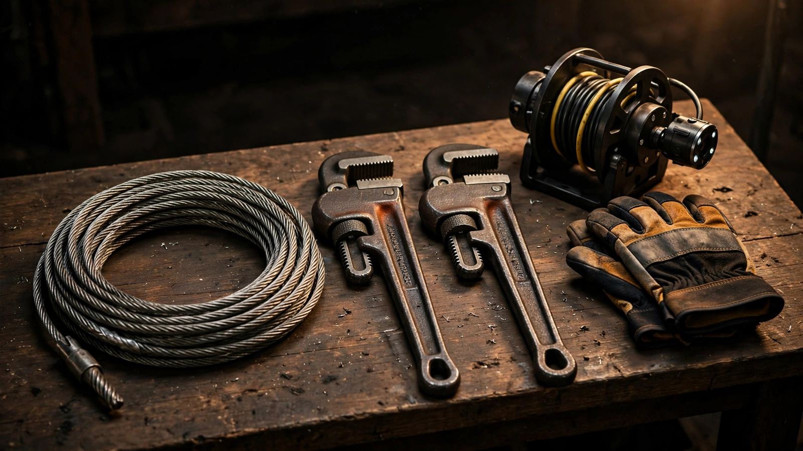 Drain cable, pipe wrenches and work gloves laid out on a workbench