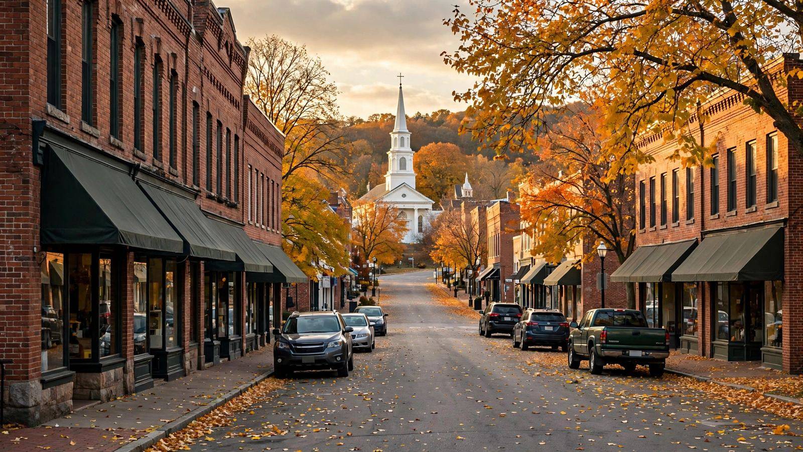 Small-town main street with brick buildings and a church steeple in autumn
