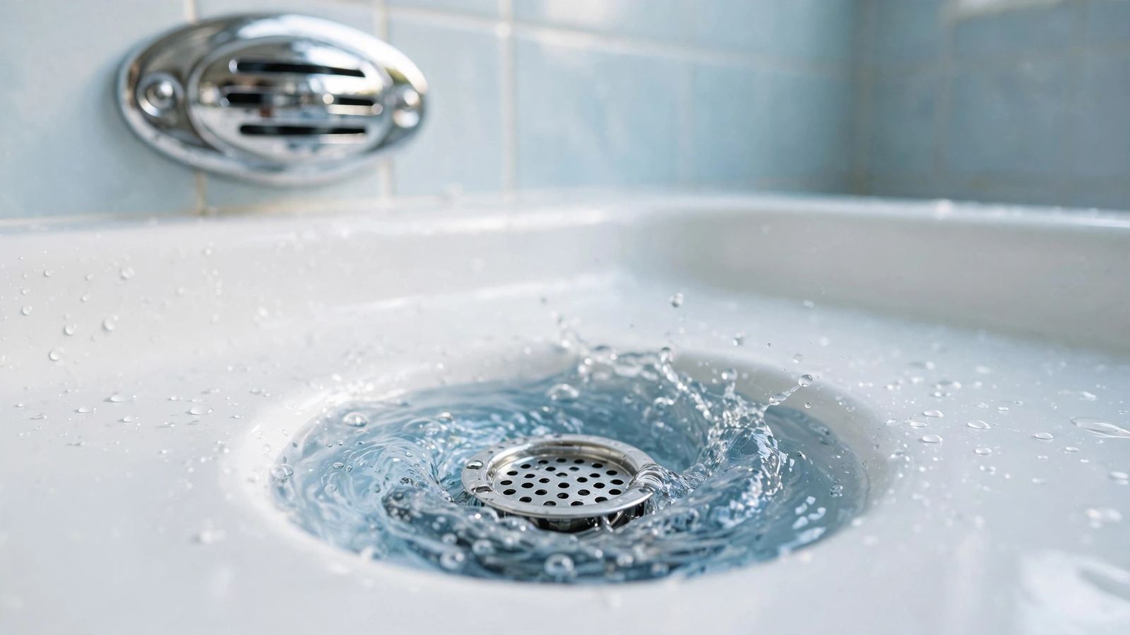 Water swirling into a chrome bathroom sink drain