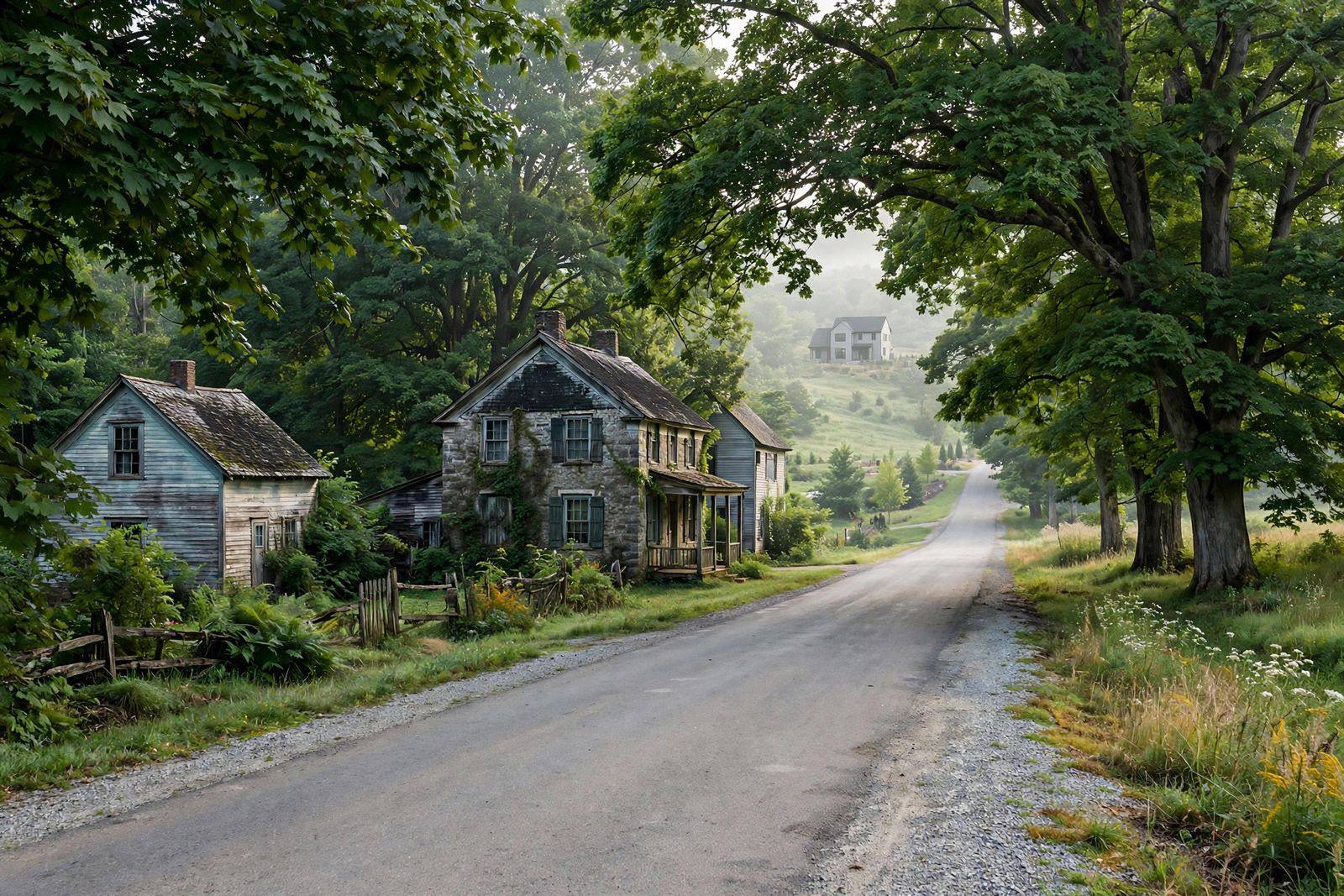 Gravel road through a village of older houses under large trees
