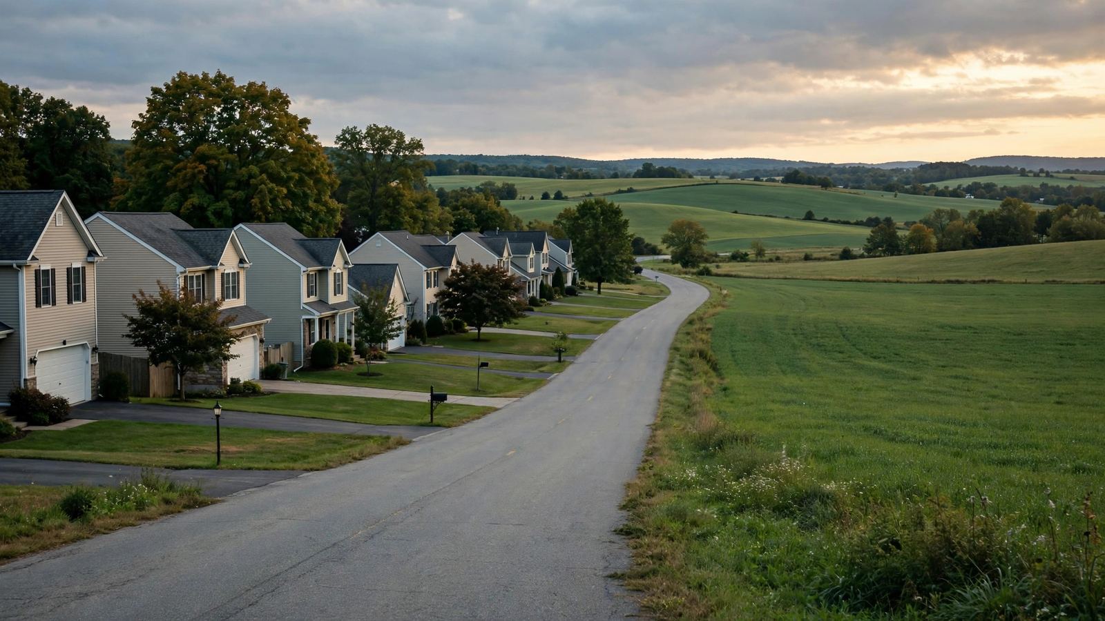 Suburban street of houses beside open farmland at dusk