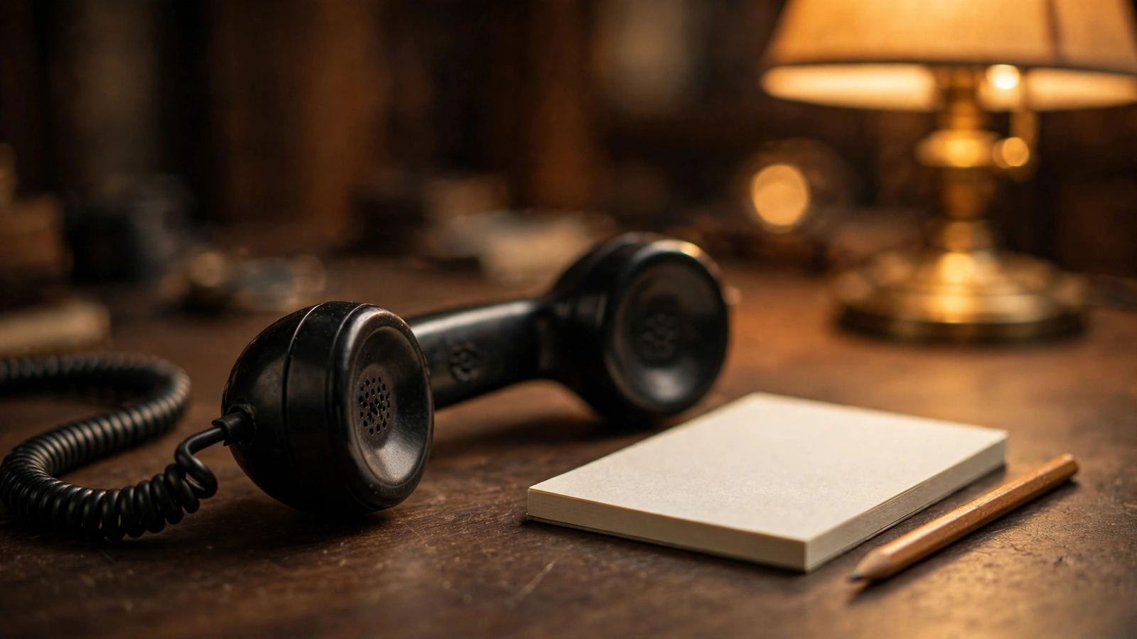 Black rotary phone beside a notepad and pencil under a desk lamp