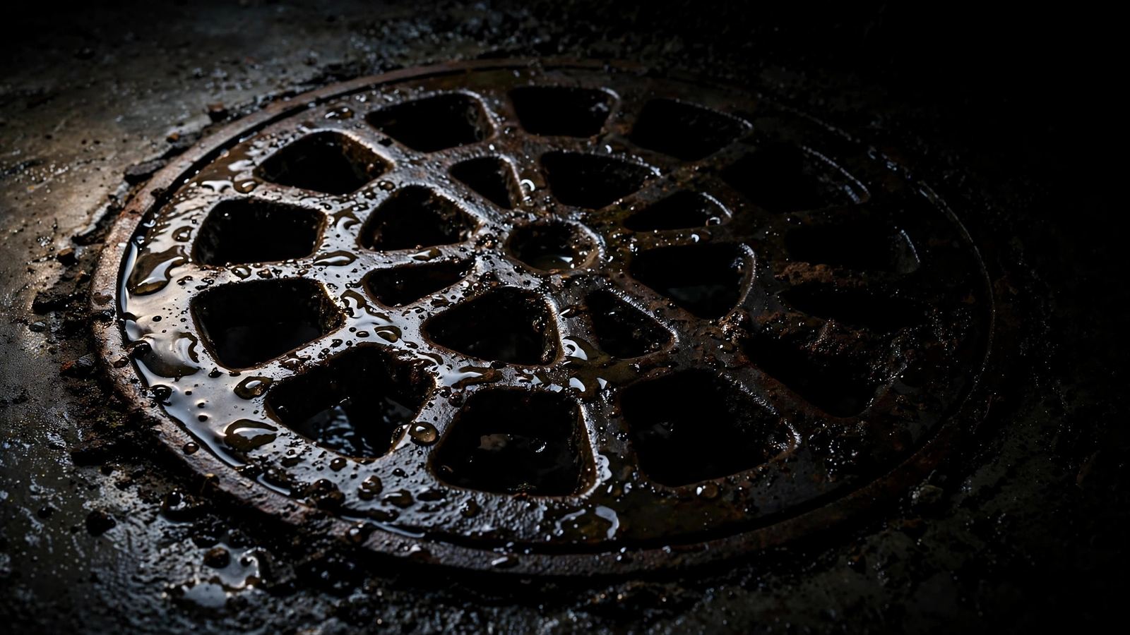 Close-up of a rusted cast iron floor drain cover