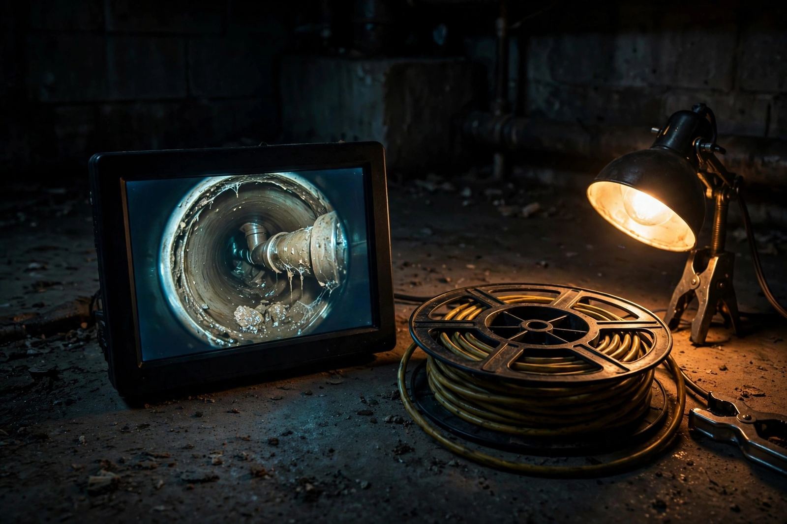 Inspection camera monitor showing the inside of a pipe beside a coiled cable reel