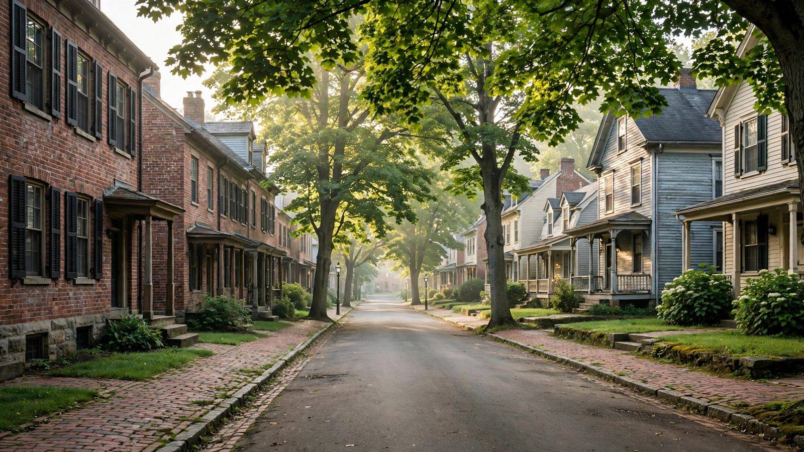 Tree-lined street of brick and frame row houses