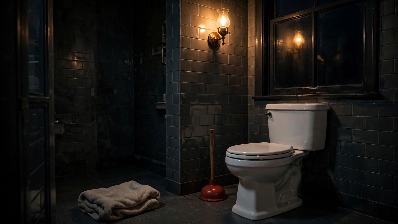 Dark bathroom with a toilet, a plunger and a towel on the floor
