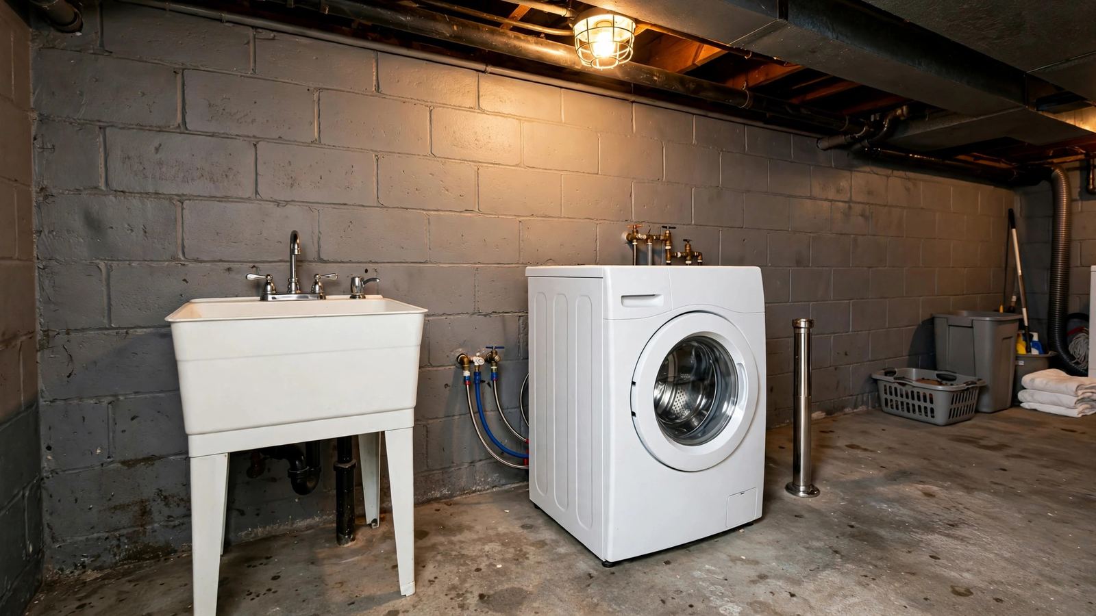 Basement laundry area with a utility sink, washing machine and concrete floor