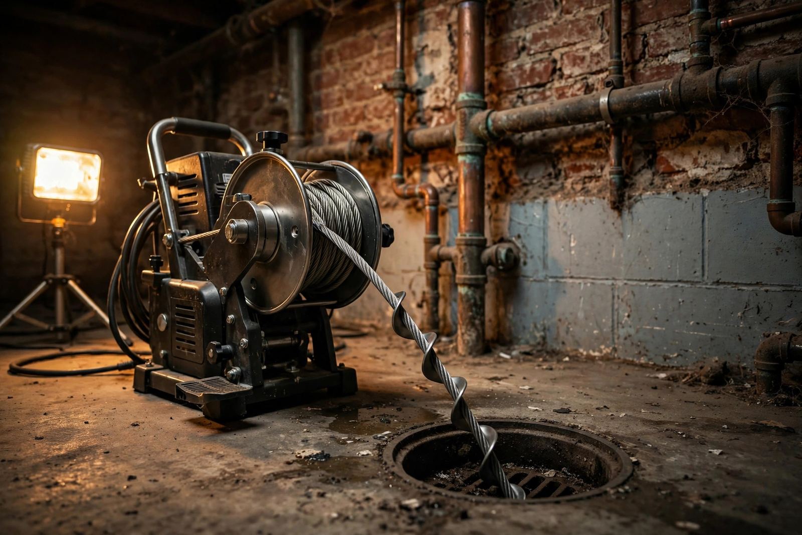 Drain cleaning machine with its cable running into a basement floor drain