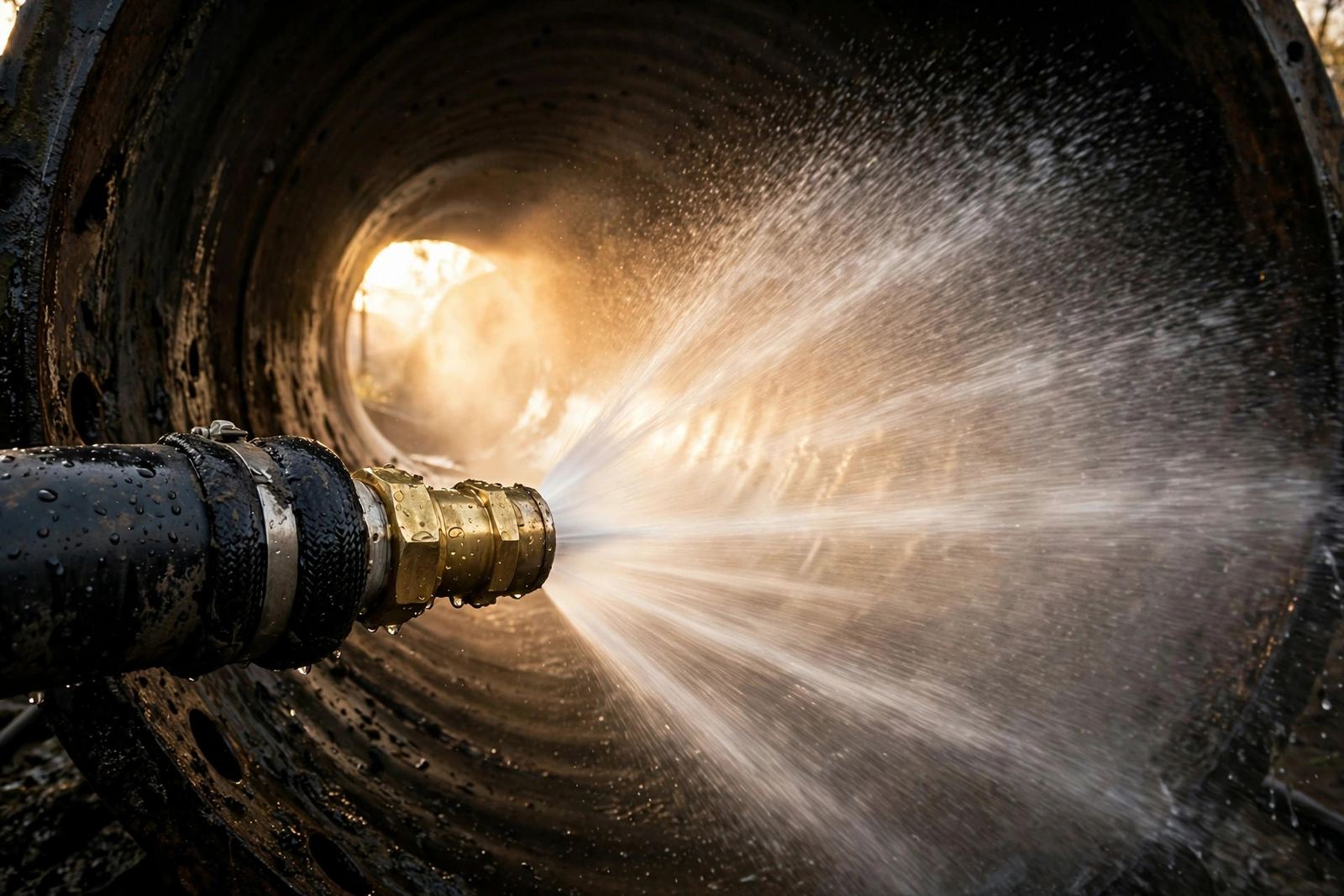 High-pressure water jet nozzle spraying inside a large pipe
