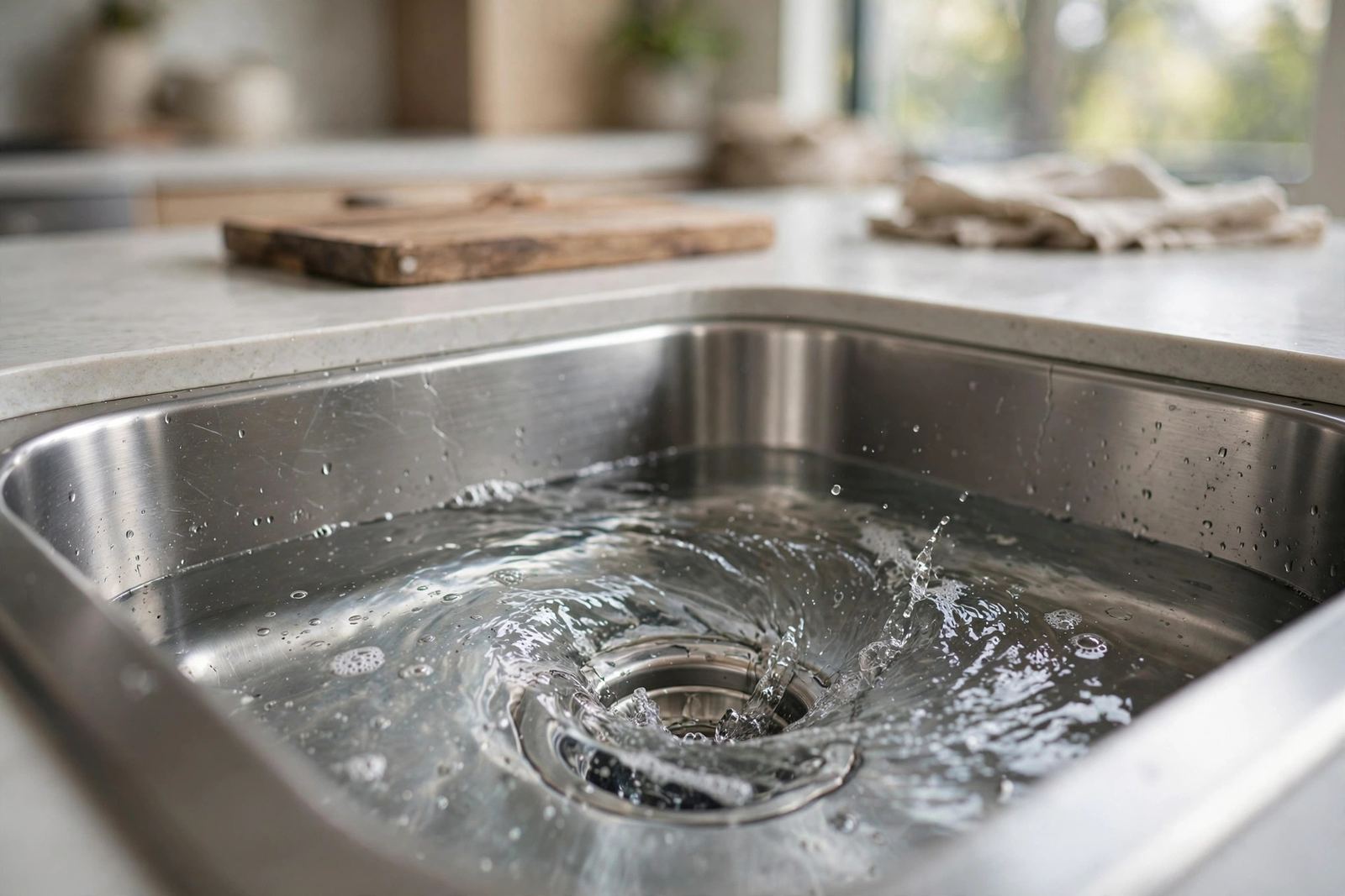 Water draining in a stainless steel kitchen sink