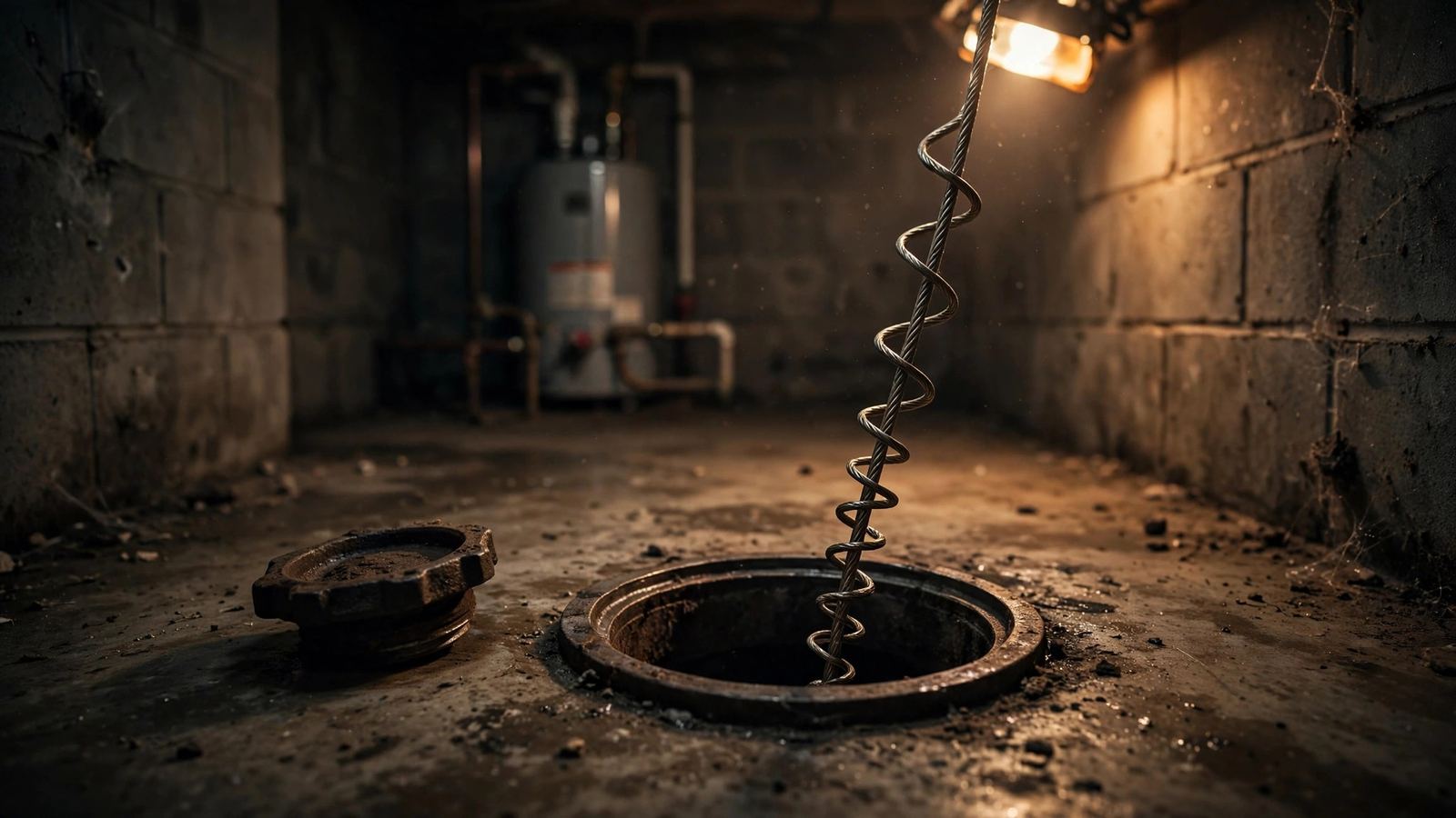 Steel cable feeding into a basement floor cleanout
