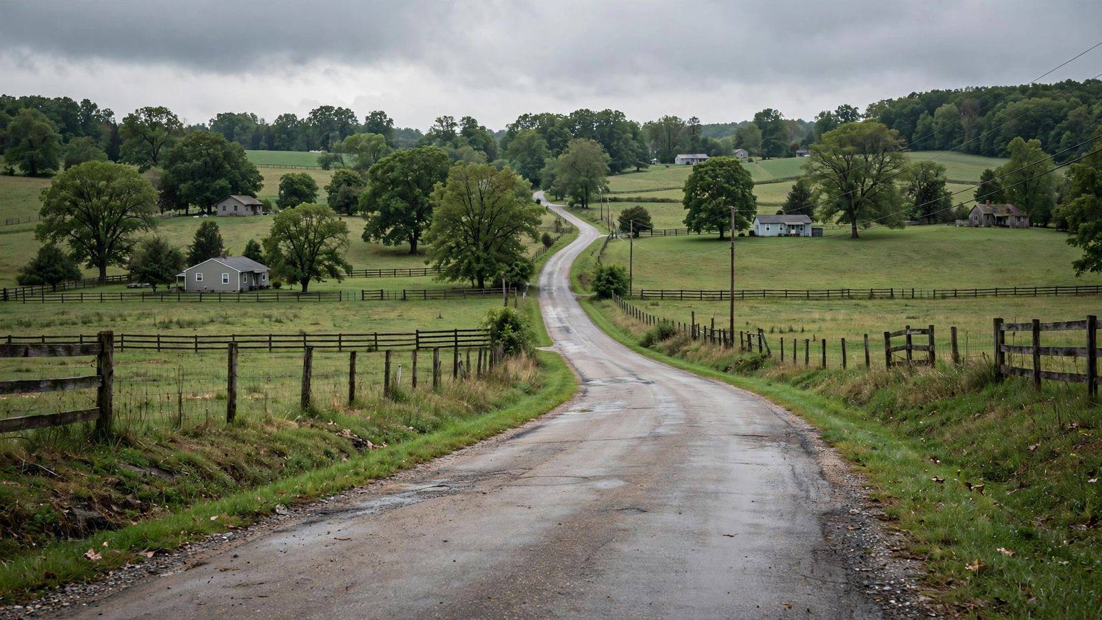 Country road winding between fenced fields
