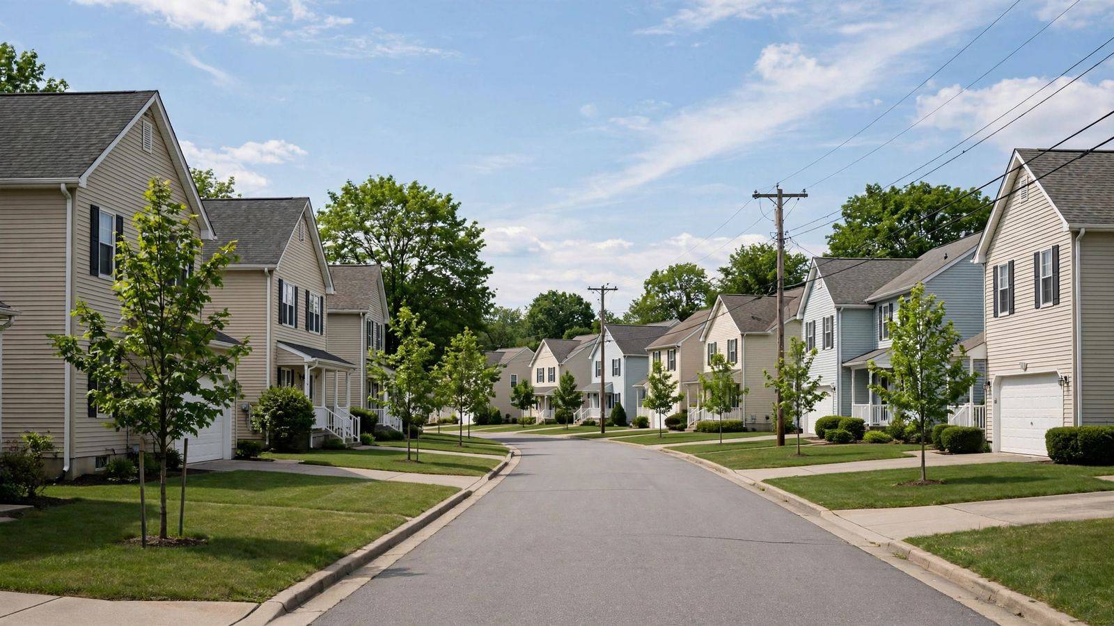 Residential street lined with two-story houses and young trees