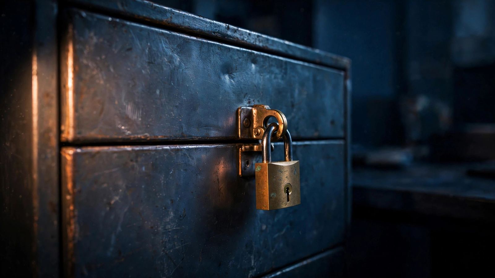 Padlock on a dark metal cabinet door