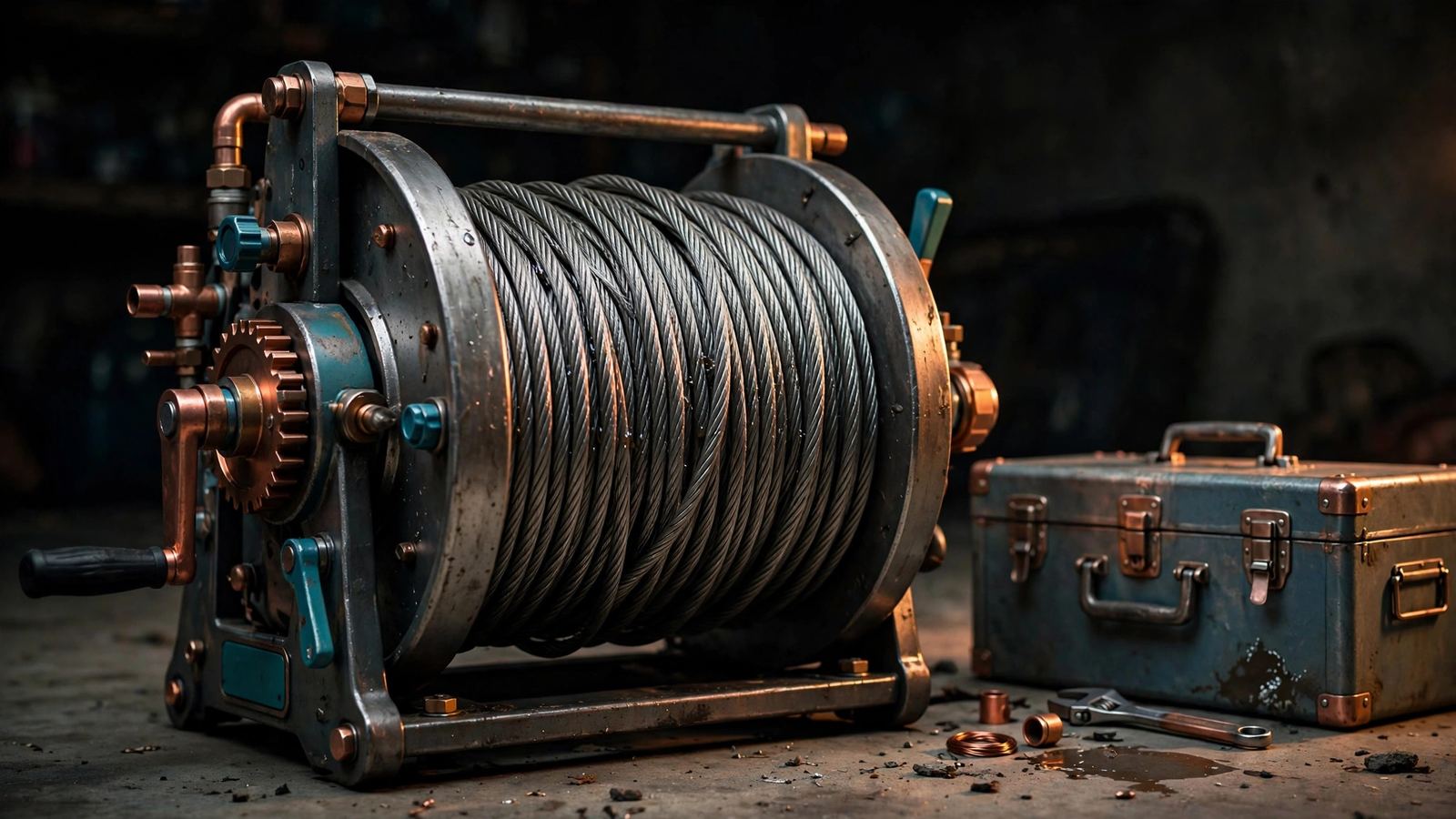Drain cleaning machine with wound steel cable beside a metal toolbox