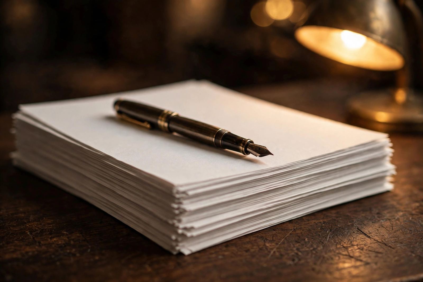 Stack of paper with a fountain pen under a desk lamp