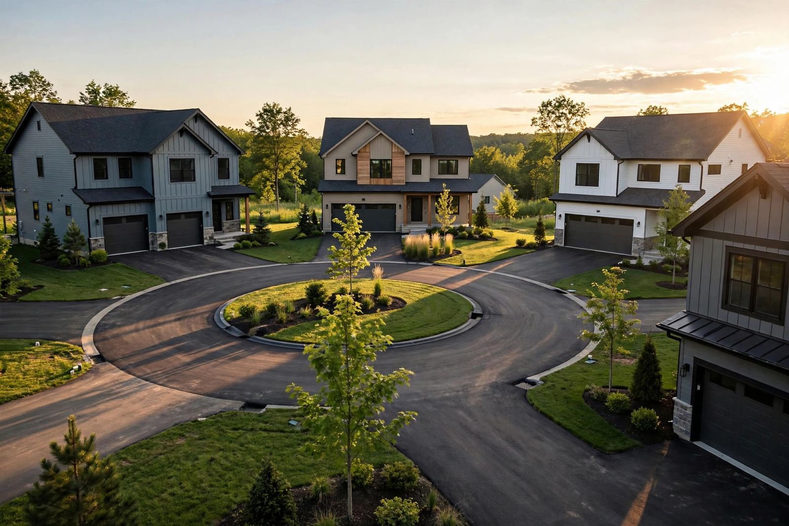 Newer homes around a curved cul-de-sac at sunset
